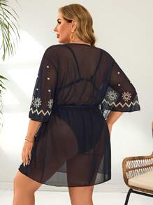 SHEIN Swim Curve Top caftan ample d'été pour femmes grandes tailles, imprimé placé, coupe décontractée - Noir et Blanc - Voir 2