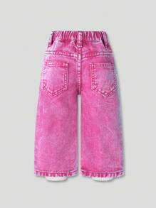SHEIN Baby Girls' Casual Heart Embroidered Loose Fit Pink Adorable Denim Jeans For Everyday Wear - Pink - View 2