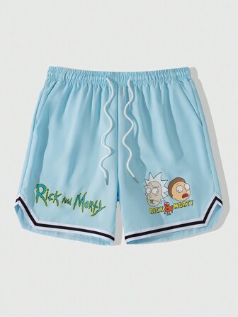 Rick and Morty | ROMWE Men's Summer Casual Cartoon & Letter Graphic Drawstring Waist Basketball Shorts