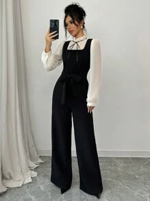 SHEIN PETITE Bộ đồ liền thân ống đứng cạp cao màu tương phản thanh lịch dành cho nữ kèm áo sơ mi 2 món - màu đen - Xem 6