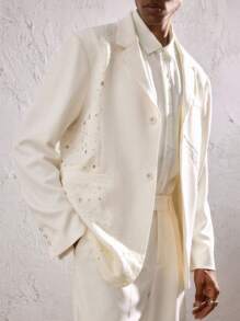 AKNOTIC Business Casual Chaqueta casual de traje asimétrica para hombre con mangas raglán, de tela tejida blanca con parches de tela con grabado de cristal rhinestone, parches de color contrastante, adecuada para uso diario, vacaciones, bodas, fiestas, regalo de graduación, primavera/verano