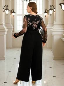 SHEIN Clasi 优雅亮片花卉印花网眼拼布大码女式长袖连体裤, 女士夏季服装, 女士情人节服装, 女士连体裤, 女士连体裤, 女士黑色连体裤, - 彩色 - 查看 2