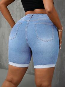 SHEIN SXY Plus Size Elastic Skinny Ripped Denim Shorts - Light Wash - View 2