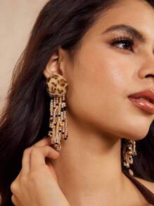 SHEIN BAE Fashionable Exaggerated Fluffy Leopard Print Tassel Crystal Beads Drop Earrings, Vintage Style, Unique Design