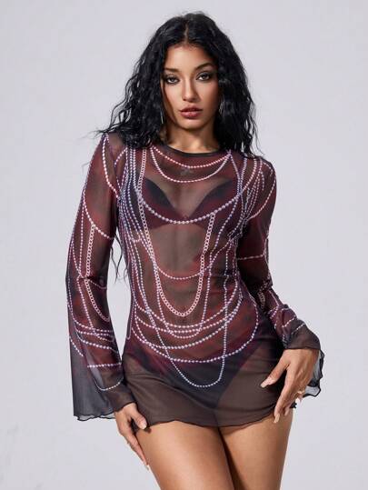 Goth Abito da donna con maniche a campana, stampa a croce e perla, adatto per spiaggia, vacanza, night club, festa e occasioni multiple, per Ognissanti