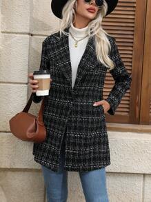 Chiquease 格纹印花翻领单排扣口袋厚花呢面料长袖外套