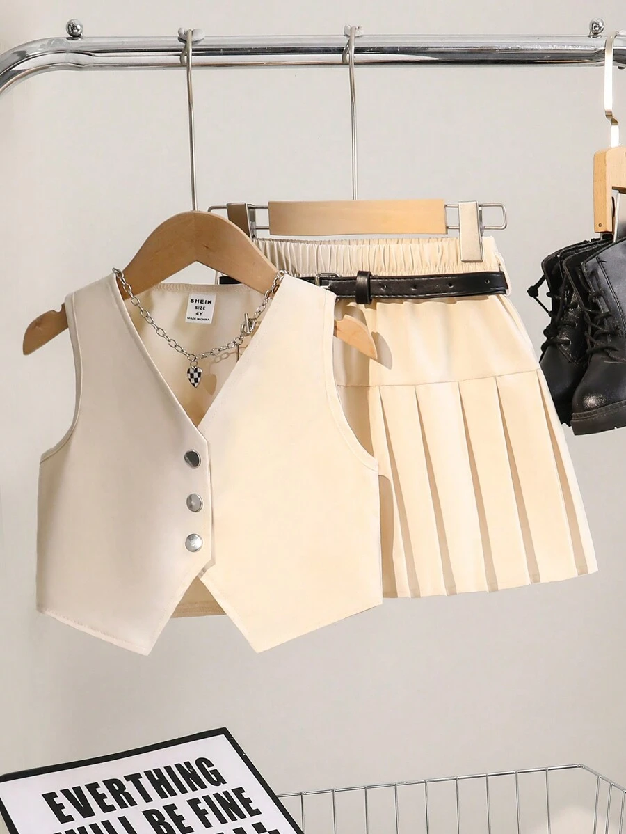 SHEIN Elladie kids Bộ 2 áo không tay đi làm thường ngày cho bé gái có cổ và nút phía trước + chân váy xếp ly - Màu be - Xem 1