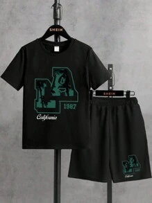 2pcs/Set Tween Boy Green Simple LA Letter Print Casual Style Outfits - Black - View 1