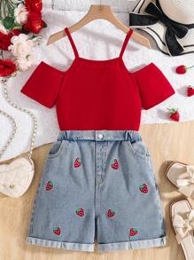 Tween Girls Open Shoulder Strap & Embroidered Strawberry Denim Shorts Set - Red - View 1