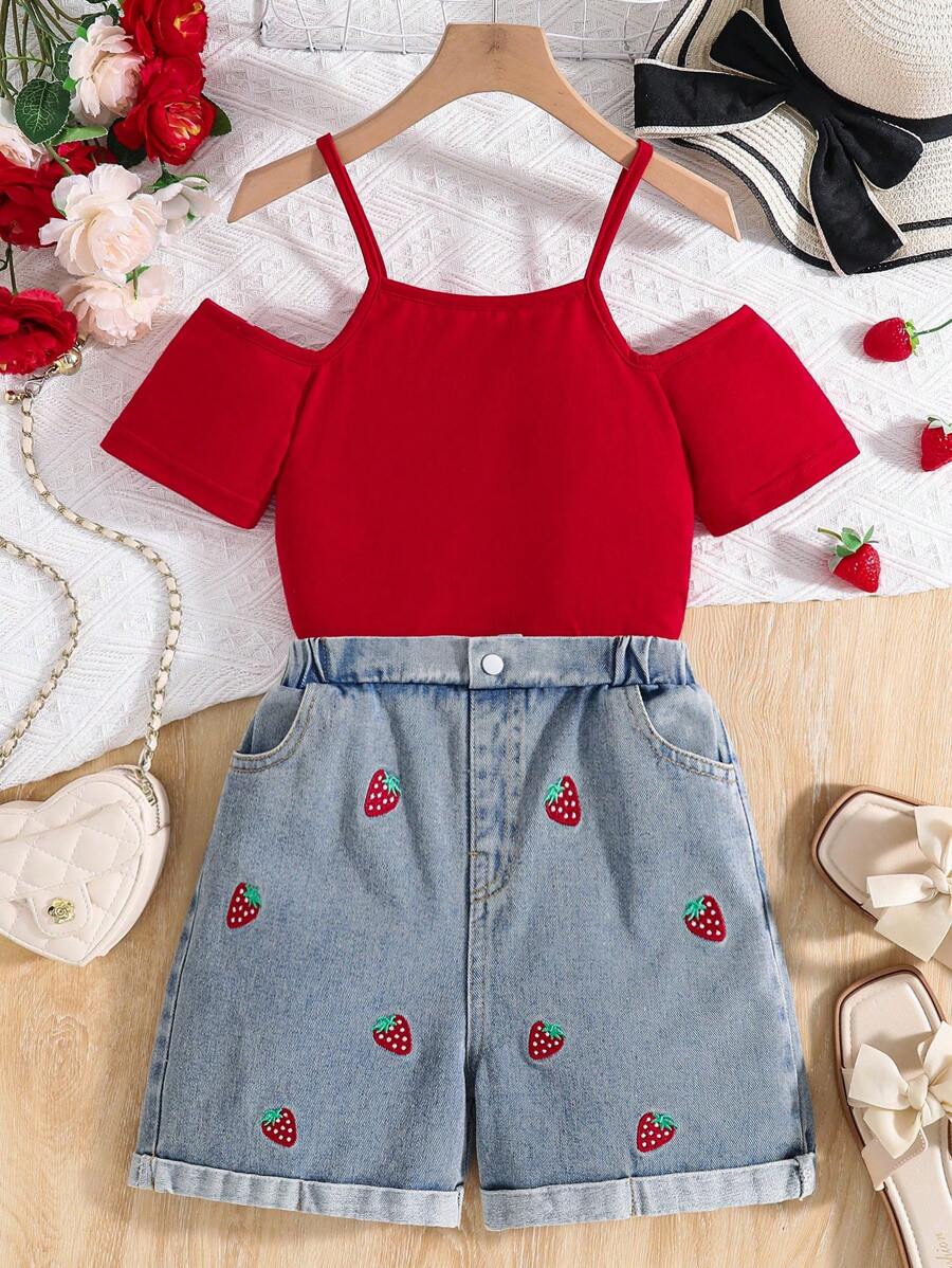 Tween Girls Open Shoulder Strap & Embroidered Strawberry Denim Shorts Set - Red - View 1