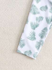 Girls' Tropical Leaf Print Zipper Crop Top And Contrast Hem Pants Two-Piece Swimwear Set