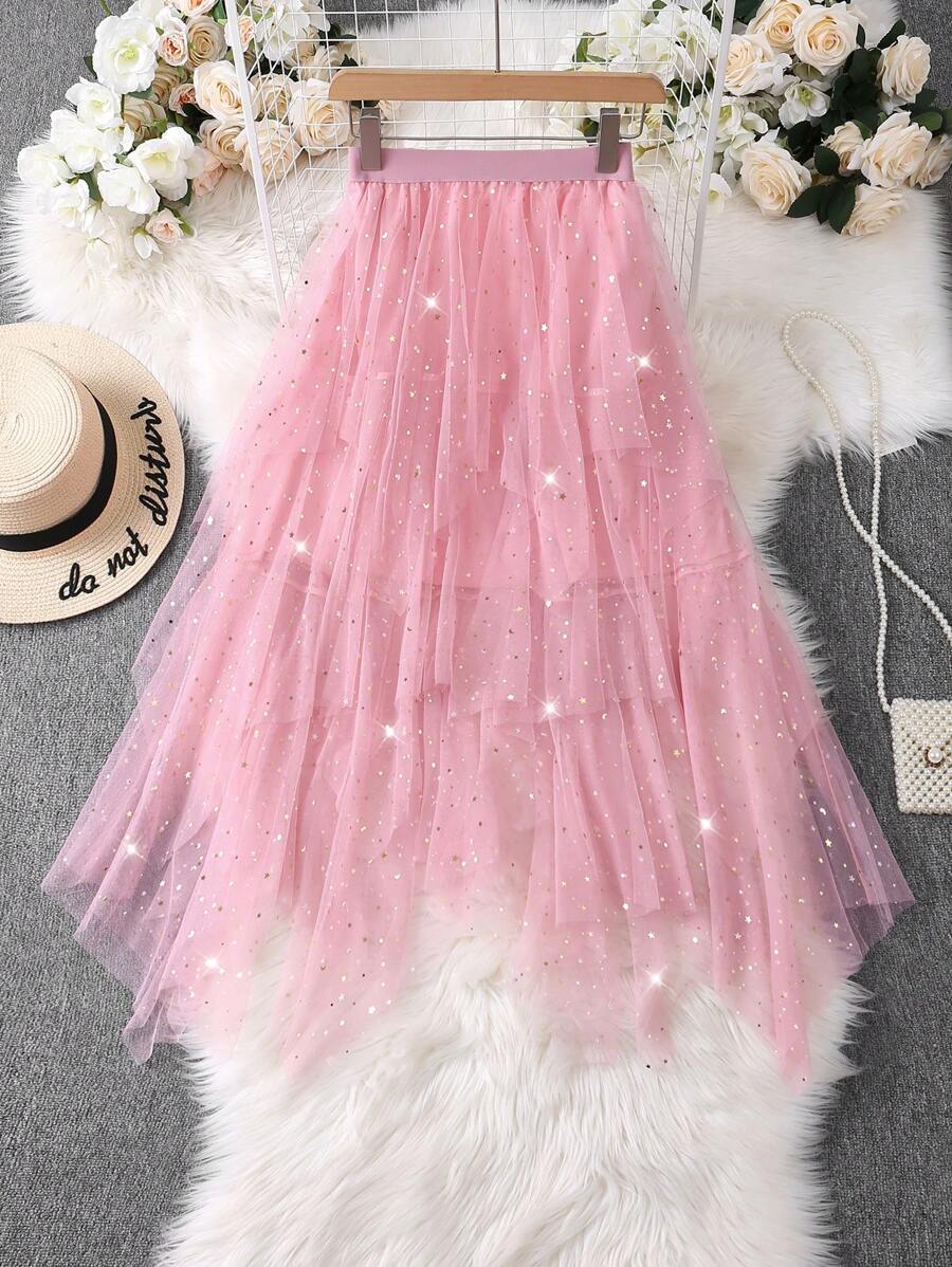 SHEIN Unity Plus Size Romantic Shiny Sequin Mesh Fluffy Skirt, Spring/Summer - Pink - View 1