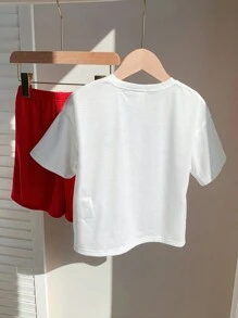 SHEIN 2pcs/Set Young Boys & Girls Casual Korean Style Cute Comfortable Fashion Simple Practical Soft Round Neck T-Shirt And Shorts Set, Suitable For Daily Wear, School, Outings, Sports, Spring/Summer, Valentine's Day - Red - View 3