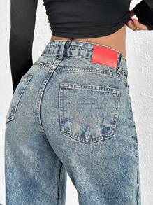 EURMUSE 高腰直筒休闲牛仔长裤 - 中等水洗藍 - 查看 6