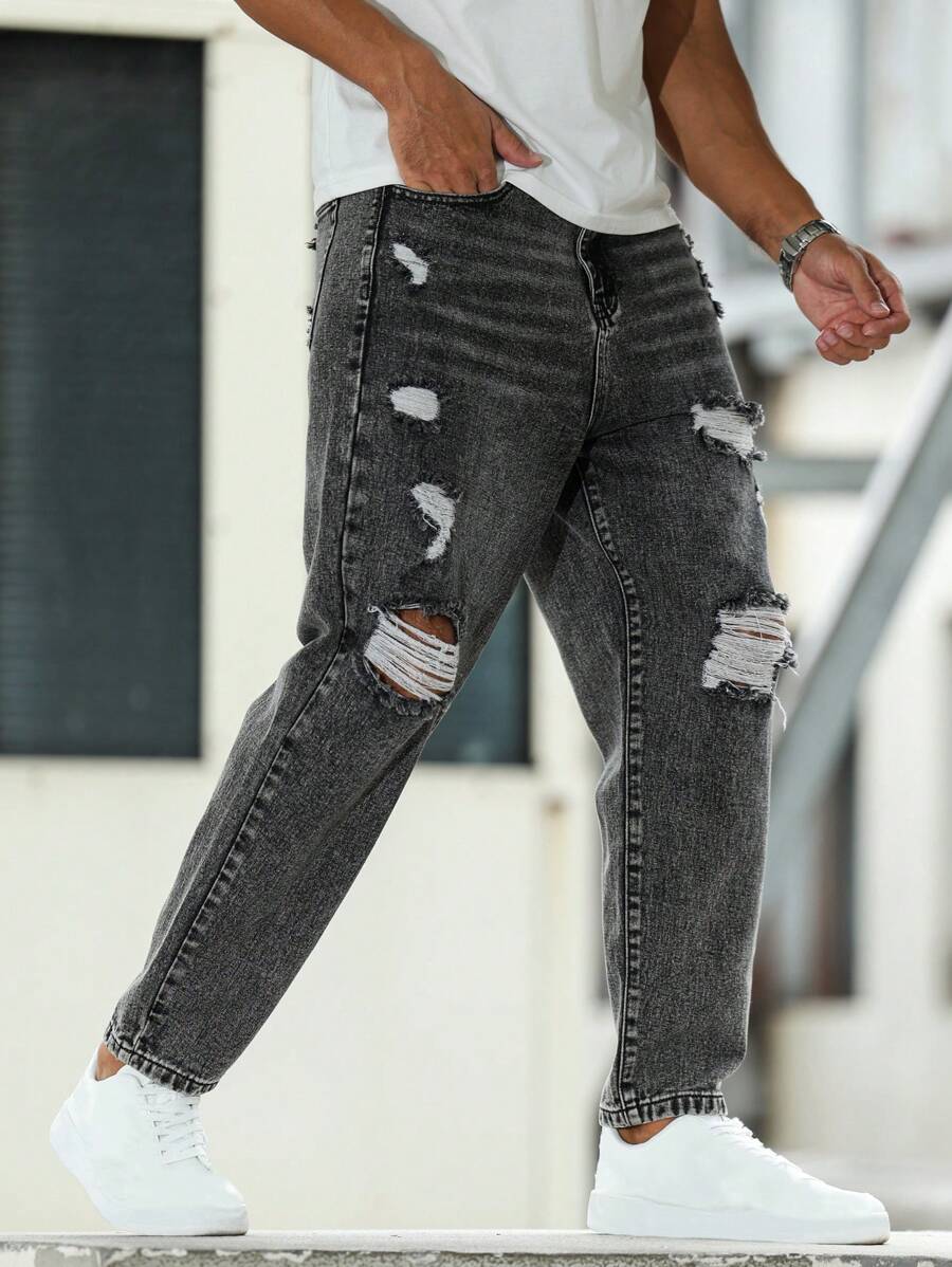 Manfinity Roughcore Quần Jeans Nam Túi Xiên Rách Dáng Rộng - Màu xám đen - Xem 1