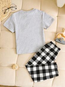 2 peças Conjunto de Pijama Casual, Camiseta de Manga Curta com Gola Redonda e Impressão de Letra em Estilo Minimalista para Menino Jovem, e Calça Solta com Estampa Xadrez