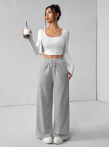 SHEIN PETITE 女士休闲纯色阔腿运动裤（两件装）