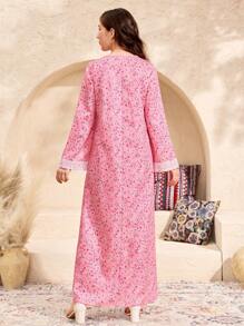 SHEIN Teen Girl Pink Ditsy Floral Robe With Ruffled Collar, Vacation/Travel, Spring & Summer - Pink - View 2