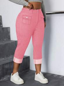 SHEIN SXY 大码弹力牛仔休闲裤，时尚百搭女士夏季服装粉色牛仔裤女士夏季服装节日服装女士七分裤Gyaru休闲装 - 粉色 - 查看 6