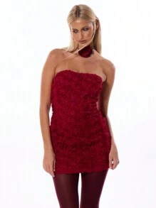 MUSERA Floral Applique Bandeau Mini Dress 90's Flower Occasion Sexy Winter Evening Spring Summer Vacation - Red - View 4