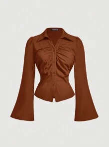 SHEIN MOD Plus Size Women V-Collar Ruffle Flared Sleeve Blouse, Waist Cinched, Brown Long Sleeve Shirt, Clothes, Button Down Blouse, Concert Women, Halloween Clothes, Airport Women's - Brown - View 1