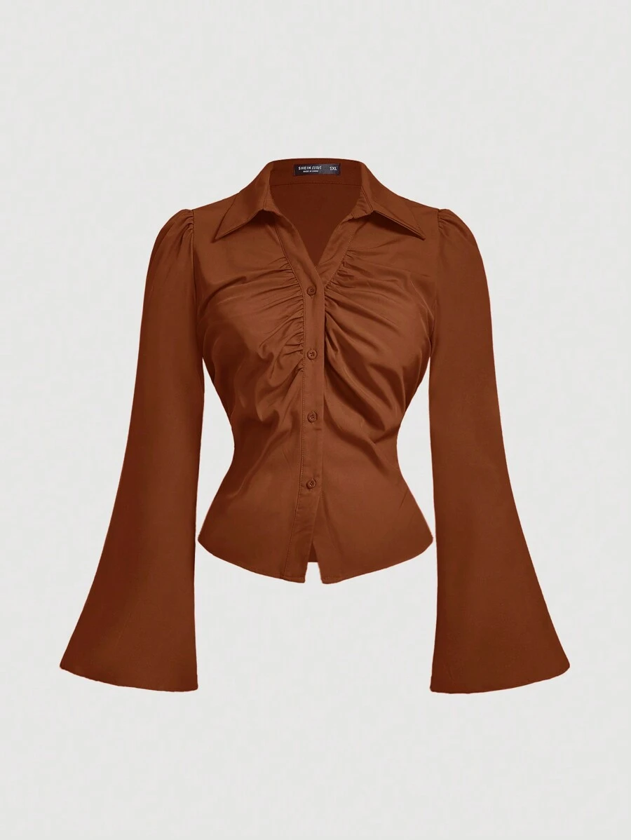 SHEIN MOD Plus Size Women V-Collar Ruffle Flared Sleeve Blouse, Waist Cinched, Brown Long Sleeve Shirt, Clothes, Button Down Blouse, Concert Women, Halloween Clothes, Airport Women's - Brown - View 1