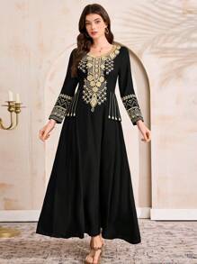 Al Najma Women's Elegant Dress With Sticker Decoration, Long Sleeve - Black - View 4
