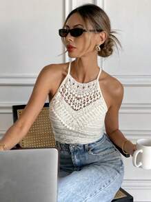 SHEIN Frenchy Camiseta de tirantes con escote halter y encaje en contraste de color albaricoque, top ajustado con textura estriada y retorcida, para uso diario, atuendos casuales para vacaciones en Francia, vestidos de cita, día de la boda