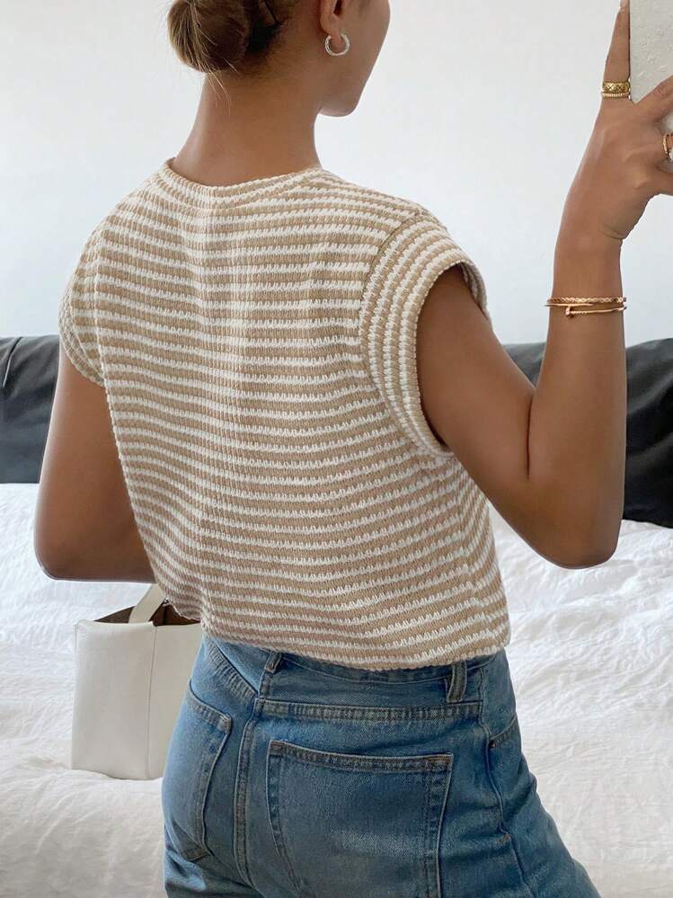 Siren Gaze Women Striped Round Neck Short Sleeve Casual T-Shirt Summer - Apricot - View 2