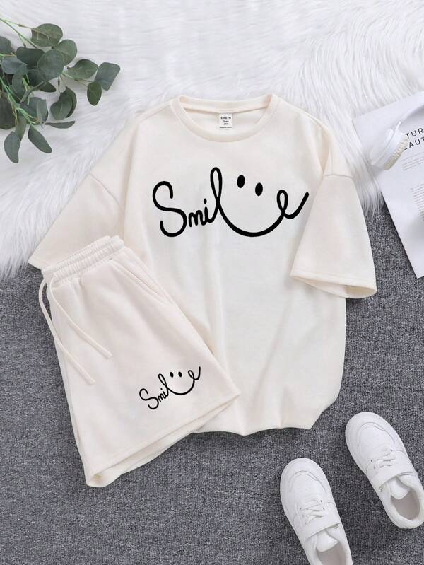 SHEIN Teen Girl Solid Color Ribbed Knit Round Neck Short Sleeve T-Shirt & Graphic Print Shorts Set, Casual Everyday Wear