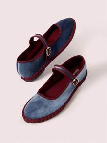 CUCCOO DOLLMOD Zapatos planos de estilo Mary Jane de terciopelo azul medianoche, elegantes y cómodos - Neblina azul - Ver 9