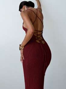 Firerie Women Casual Elegant Fashion Sexy Criss-Cross Backless Cutout High Slit Midi Knit Dress - Burgundy - View 6