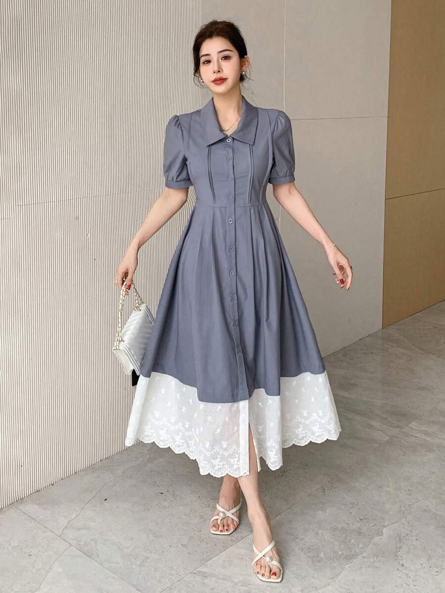 DAZY Women's Collared Colorblock Puff Sleeve Midi Shirt Dress Sundress - Blue - View 1