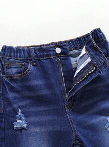 Tween Boys' Casual Simple All-Match Versatile Distressed Cat Whisker Elastic Waist Slim Fit Jeans, Comfortable Essential Streetwear Denim Pants For Daily Wear 2025 New Collection - Medium Wash - View 3