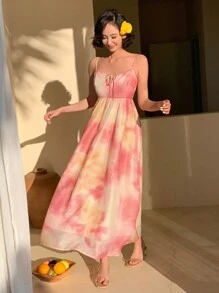 DAZY Women Tie-Dye Print Drawstring Front Strap Mid-Calf Casual Dress