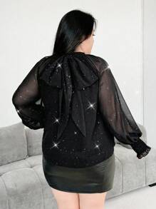 Vibekara Plus Size Staande Kraag Trekkoord Strik Chiffon Pailletten Feest Casual Elegante Blouse met Lange Mouwen
