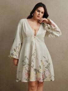 Anewsta Deep V Neck Lantern Sleeve Linen Look Print Dress, Suitable For Spring, Valentine's Day, Date Night - Multicolor - View 6