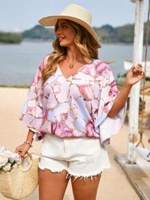 SHEIN VCAY 大码波西米亚风大理石印花蝙蝠袖衬衫，适合夏季