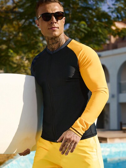 Manfinity Swimmode Men's Contrast Color Round Neck Raglan Sleeve Long Sleeve Surfing T-Shirt