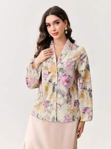 Modelyn 女士花卉印花灯笼袖浪漫优雅衬衫 - 米色 - 查看 4