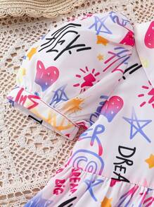 SHEIN Váy bó tay bồng họa tiết graffiti dệt trơn màu cho bé gái - Màu Hồng Tươi - Xem 3