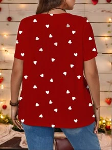 SHEIN Essnce Heart Print Casual Loose Plus Size Women Short Sleeve T-Shirt, Suitable For Summer,Valentine's Day
