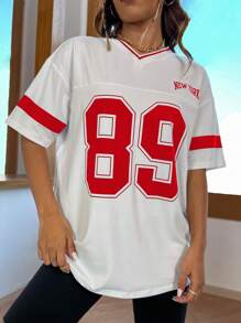 StreetHx Letter Graphic Drop Shoulder Tee Graphic Tees Women Tops - Red and White - View 7