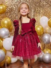 Glamorique Kids Fete tinere, magenta, paiete și plasă, decor stea, guler cu mânecă lungă, fundă, rochie de prințesă, petrecere și ocazie de Valentine, primăvară/toamnă