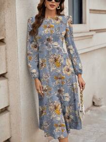 SHEIN Clasi Casual Vintage Floral Pattern Round Neck Long Sleeve Dress, Suitable For Spring And Autumn Chic Dress