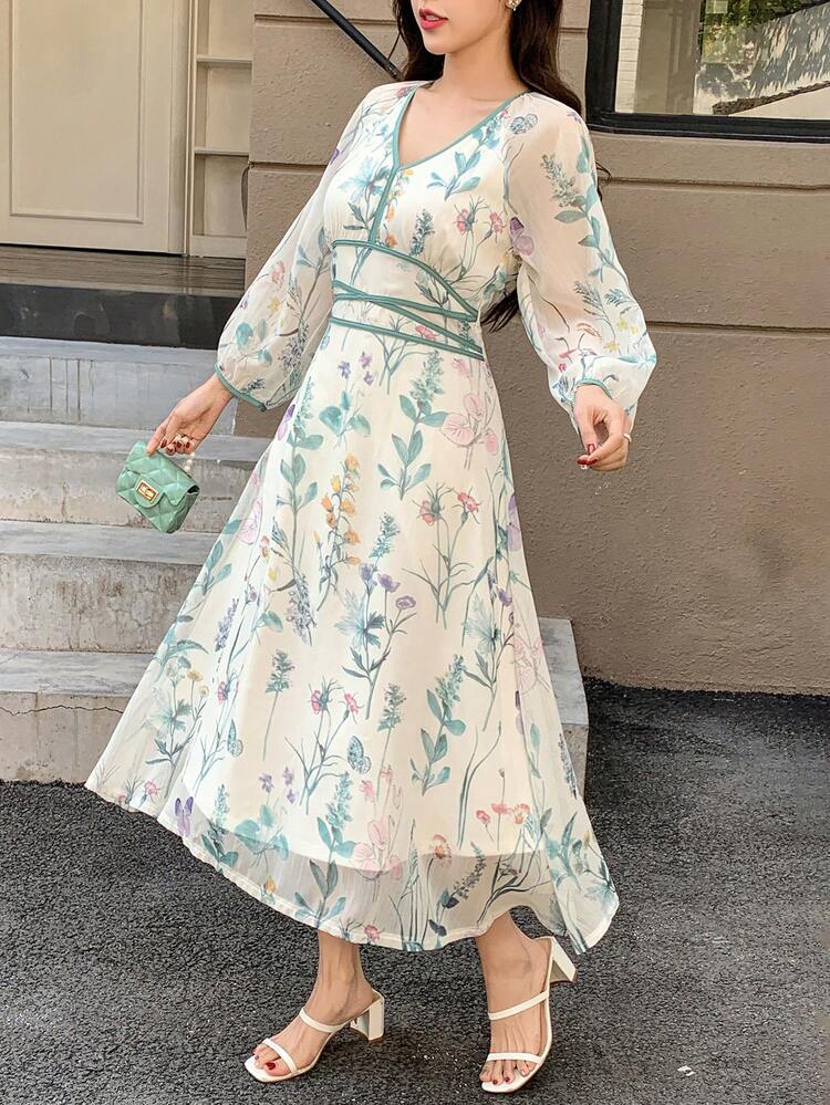 V-Neck Full Floral Pattern Midi Dress For Women, Casual & Stylish For Everyday Wear,Fall Dress Long Sleeve Dress Easter