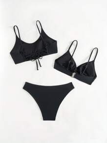 SHEIN Swim Summer Solid Color Minimalist Bikini Set, Suitable For Beach & Vacation - Black - View 2