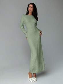Aloruh 女式超大露肩长款针织毛衣连衣裙，秋冬 - 綠色 - 查看 6
