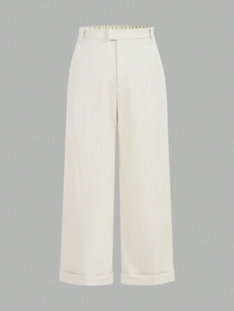 SHEIN Privé 大码舒适优雅休闲宽松卷边下摆纽扣细节女式长裤，适合通勤和办公室穿着，春夏季