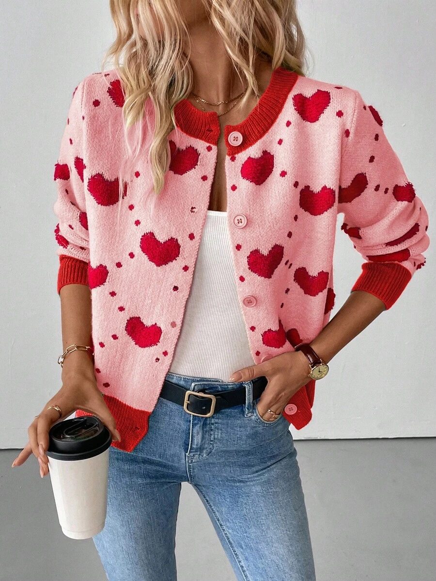 EMERY ROSE 心形图案宽版宽松针织开衫，秋冬 - 粉色 - 查看 1